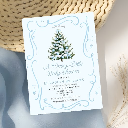 Invitation Blue Christmas Tree A Merry Little Baby Shower