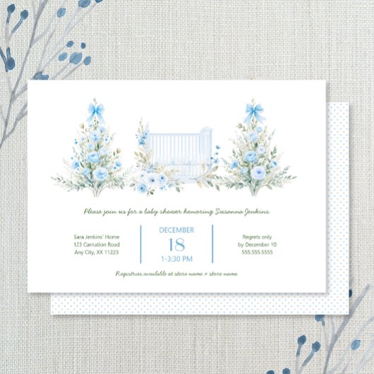 Invitation Blue Christmas Trees with crib boy Baby Shower