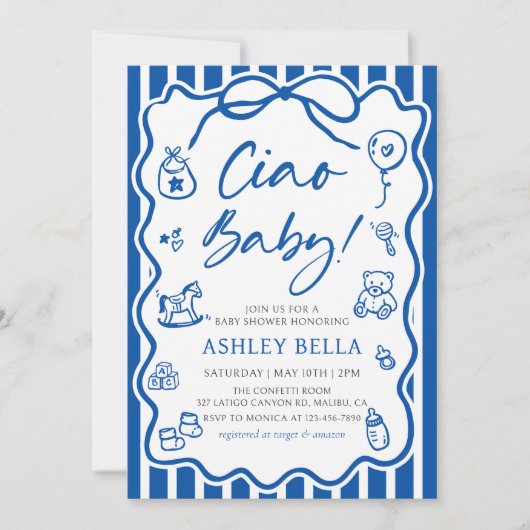 Invitation Blue Ciao Baby Whimsical Baby shower italien (Devant)