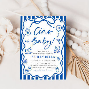 Invitation Blue Ciao Baby Whimsical Baby shower italien