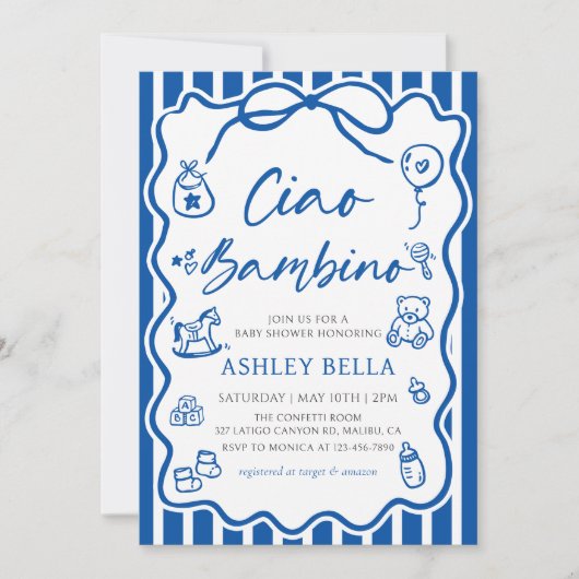 Invitation Blue Ciao Bambino Whimsical Baby shower italien (Devant)