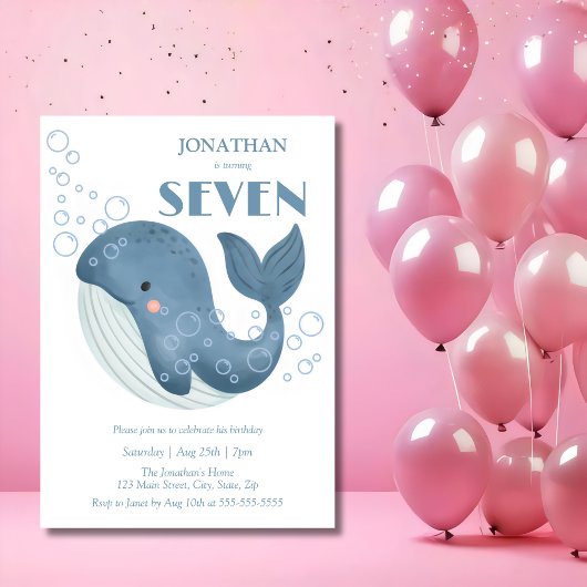 Invitation Blue Circle Bubble Cute Whale Anniversaire de enfa