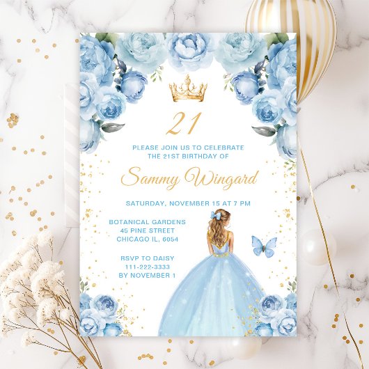 Invitation Blue clair Blonde cheveux Princesse Anniversaire