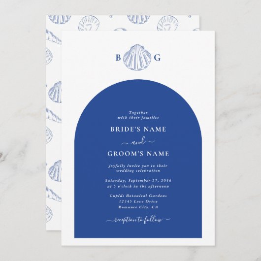Invitation Blue Clam Seashells Coastal Seaside Beach Wedding (Devant / Derrière)