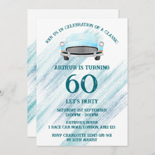 Invitation Blue Classic Retro Voiture Aquarelle Vintage