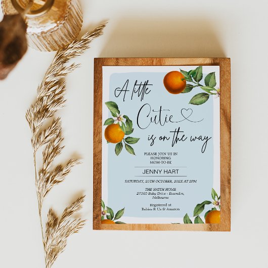 Invitation Blue Clementine Oranges Little Cutie Baby shower