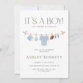 Invitation Blue Clothesline It’s a Boy Football Baby Shower (Devant)