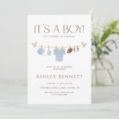 Invitation Blue Clothesline It’s a Boy Football Baby Shower (Debout devant)