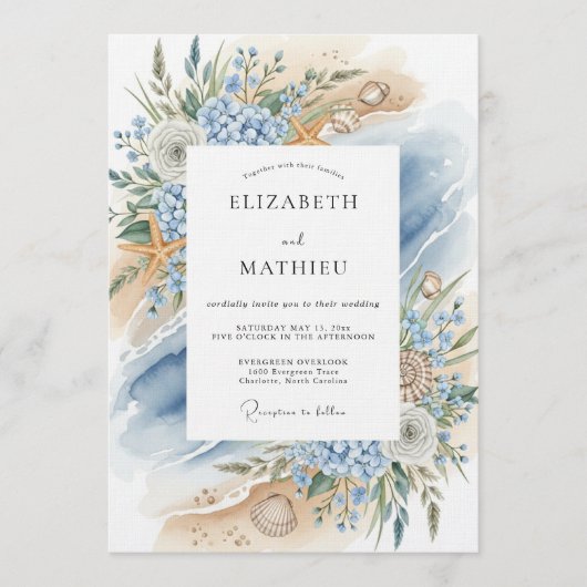 Invitation Blue Coastal Bloom Beach Wedding (Devant)