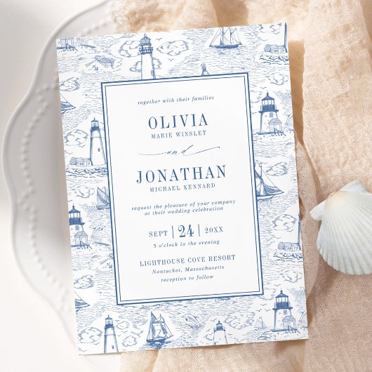 Invitation Blue Coastal Chic Lighthouse Toile Wedding
