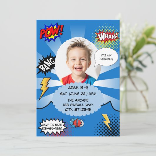 Invitation Blue Comic fête d'anniversaire (Debout devant)