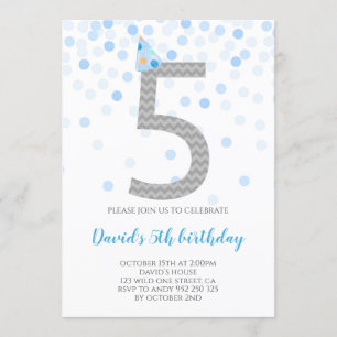 Invitation Blue Confetti Boy Party 5e anniversaire