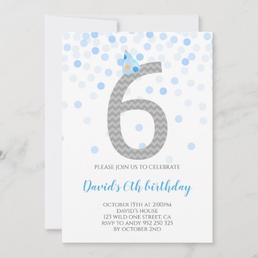 Invitation Blue Confetti Boy Party 6e anniversaire (Devant)