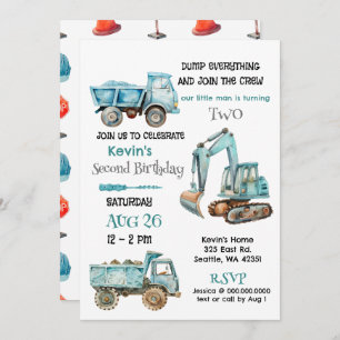Invitation Blue Construction Camions Garçon fête d'anniversai