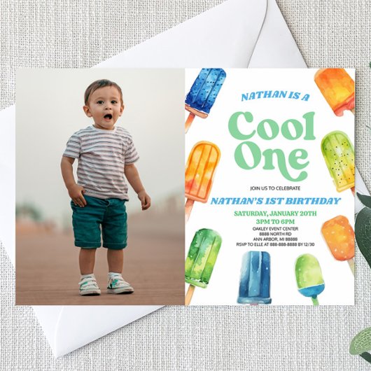 Invitation Blue Cool One Popsicle Photo 1er anniversaire fête