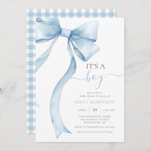 Invitation Blue Coquette Bow C'est un Baby shower de garçon E (Devant / Derrière)