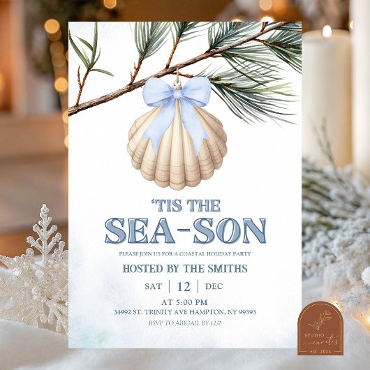 Invitation Blue Coquette Bow Coastal Christmas
