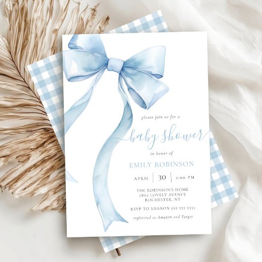 Invitation Blue Coquette Bow En vichy Baby shower garçon