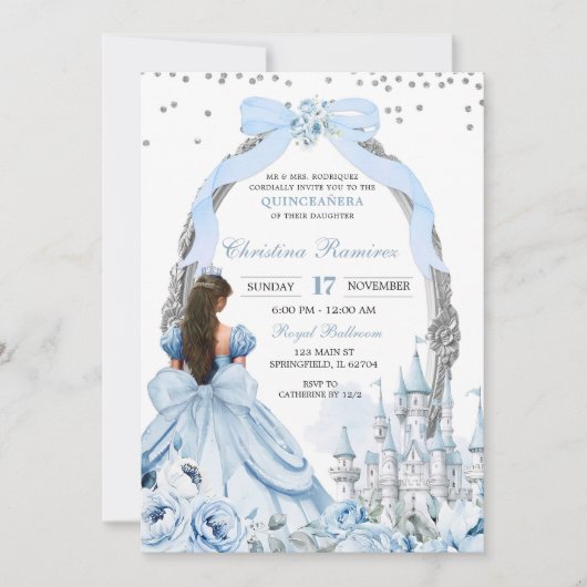 Invitation Blue Coquette Bow Fairytale Castle Quinceanera (Devant)