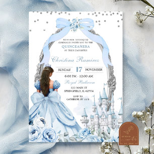 Invitation Blue Coquette Bow Fairytale Castle Quinceanera