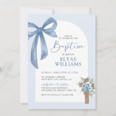 Invitation Blue Coquette Bow Floral Cross Boy Baptism Photo (Devant)
