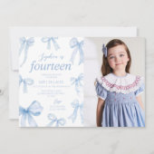Invitation Blue Coquette Bow Girl Birthday Party Photo (Devant)