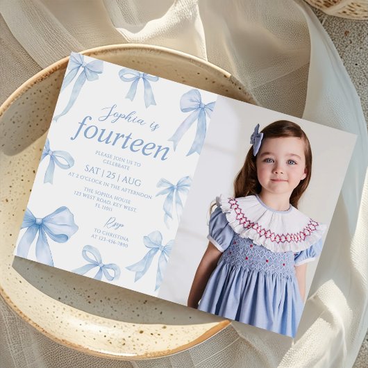 Invitation Blue Coquette Bow Girl Birthday Party Photo