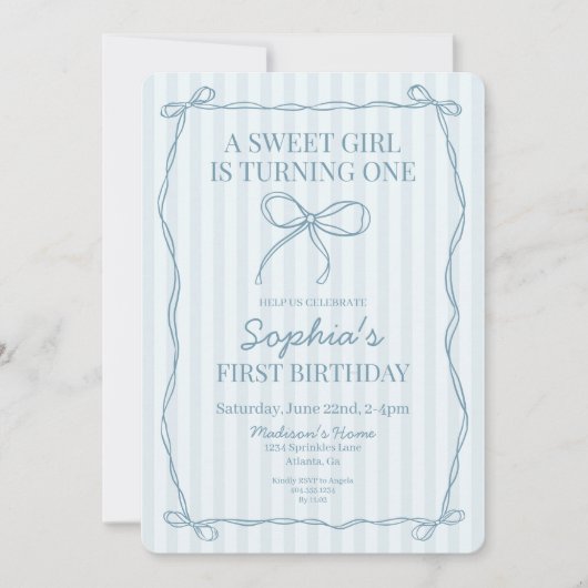 Invitation Blue Coquette Bow Pastel Fête d'Anniversaire (Devant)