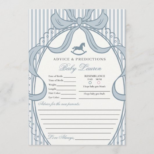 Invitation Blue Coquette Bow Rocking Horse Baby Advice Card (Devant)