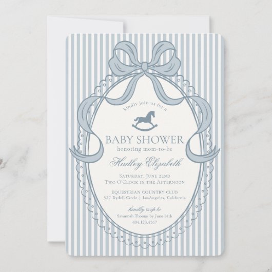Invitation Blue Coquette Bow Rocking Horse Baby Shower (Devant)