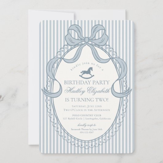 Invitation Blue Coquette Bow Rocking Horse Birthday (Devant)