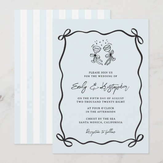 Invitation Blue  Coquette Bow Wedding (Devant / Derrière)
