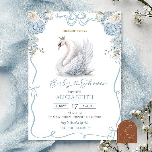 Invitation Blue Coquette Crowned Swan Baby Shower