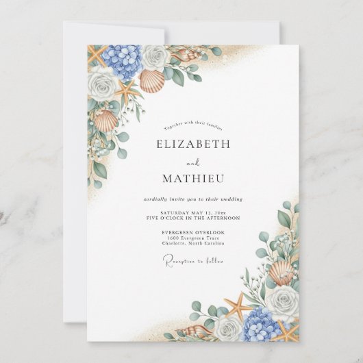 Invitation Blue Coral Bloom Flourish Wedding (Devant)