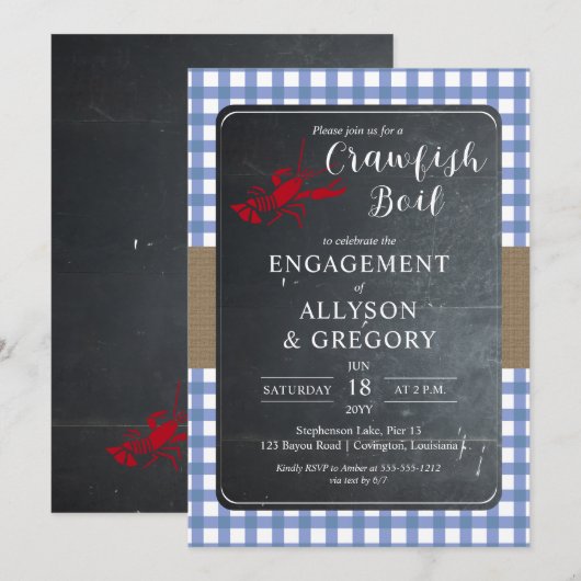 Invitation Blue Country Checks Crawfish Boil Engagement (Devant / Derrière)