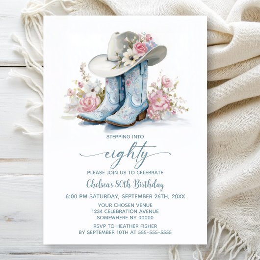 Invitation Blue Cowgirl Boots and Hat 80th Birthday Party