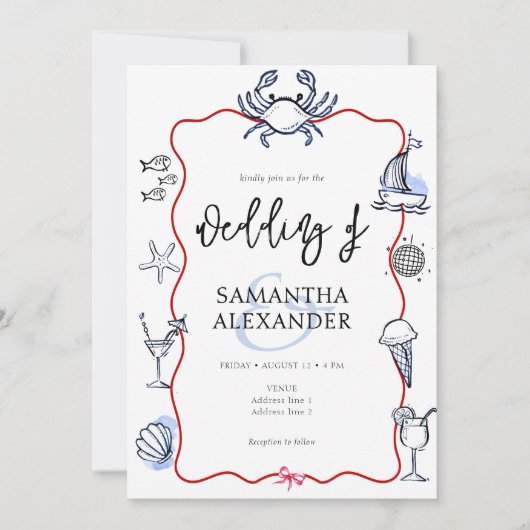 Invitation Blue Crab Doodle Beach QR Code RSVP Casual Wedding (Devant)