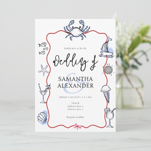 Invitation Blue Crab Doodle Beach QR Code RSVP Casual Wedding (Debout devant)