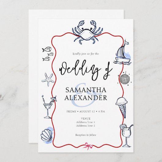 Invitation Blue Crab Doodle Beach QR Code RSVP Casual Wedding (Devant / Derrière)