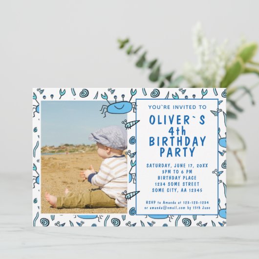 Invitation Blue Crab Sea Animaux Shell Boy Photo Anniversaire (Debout devant)