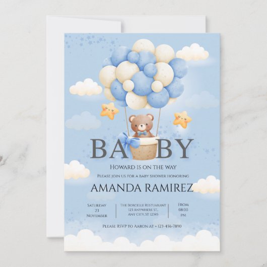 Invitation Blue & Cream Elephant Baby Boy Douche (Devant)