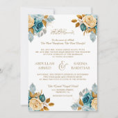 Invitation Blue Cream Floral Gold QR Code Musulman Mariage (Devant)