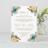 Invitation Blue Cream Floral Gold QR Code Musulman Mariage (Debout devant)