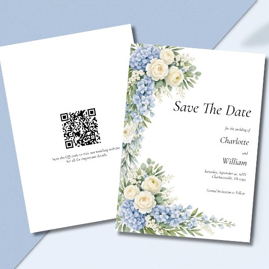 Invitation Blue Cream Florals Wedding Save The Date QR Code