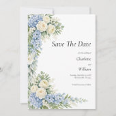 Invitation Blue Cream Florals Wedding Save The Date QR Code (Devant)