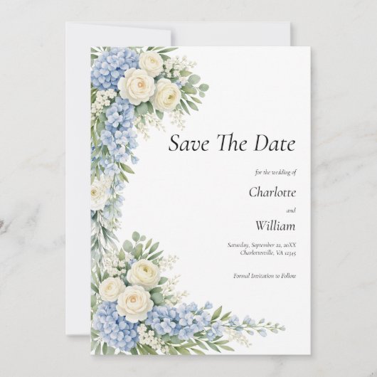 Invitation Blue Cream Florals Wedding Save The Date QR Code (Devant)