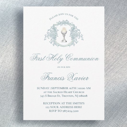 Invitation blue crest chalice | First Communion