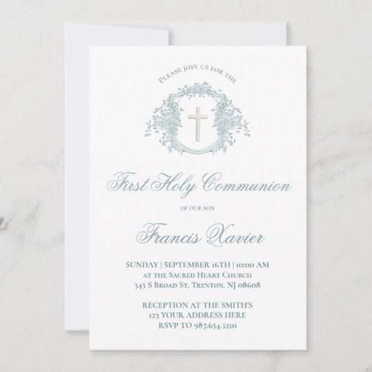 Invitation blue crest | First Communion (Devant)