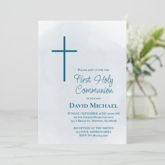 Invitation blue cross First Holy Communion boy (Debout devant)