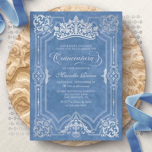 Invitation Blue Crown Tiara Elegant Quinceanera